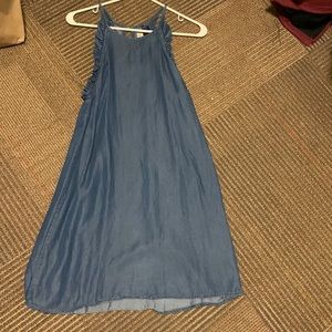 Denim shift dress with ruffles